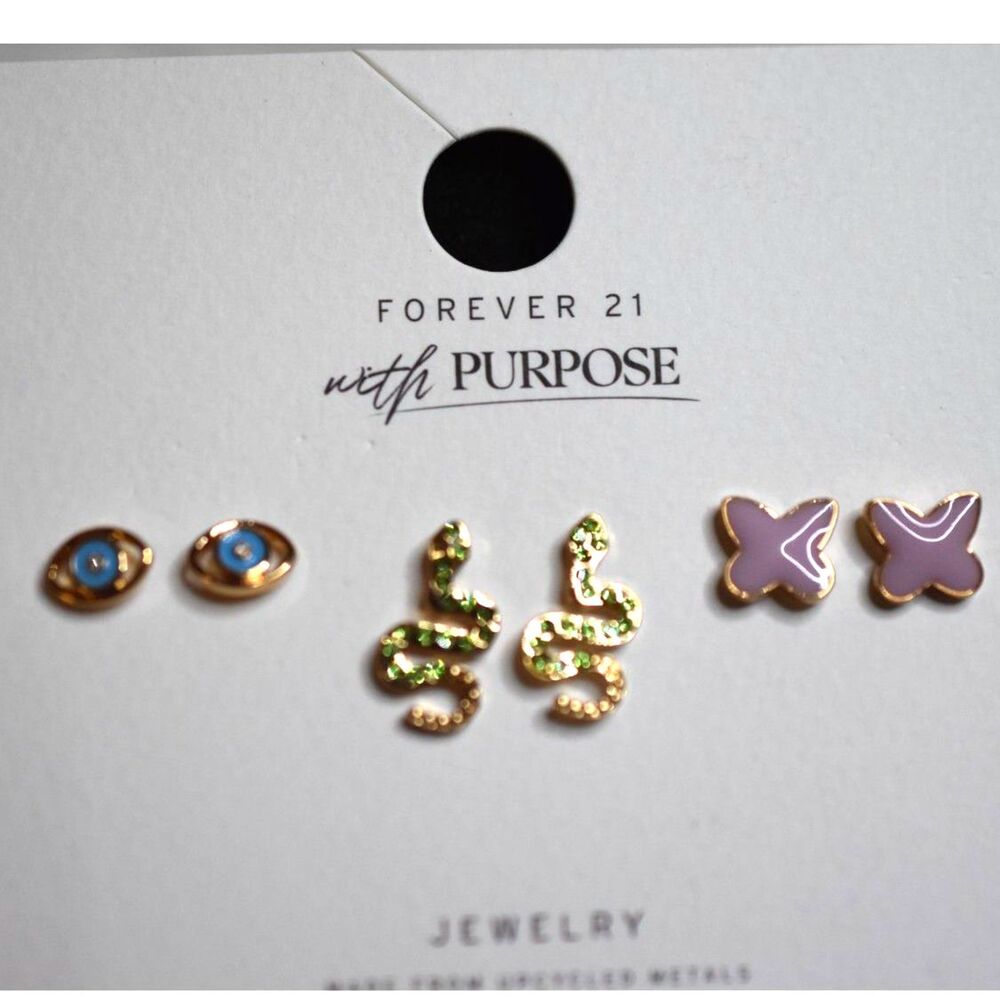 NWT Forever 21 3pr.Blue Evil Eye/ Green Snake/Lt. Purple Butterfly Stud Earrings